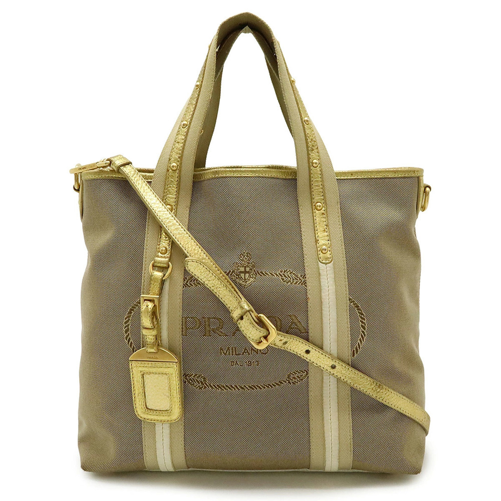 Prada jacquard tote bag Crossbody canvas metallic leather Beige Brown Cream gold